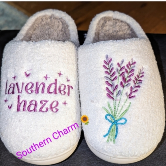 Cozy Cream Slippers with Lavender Embroidery Taylor Swift Song. - Picture 4 of 7